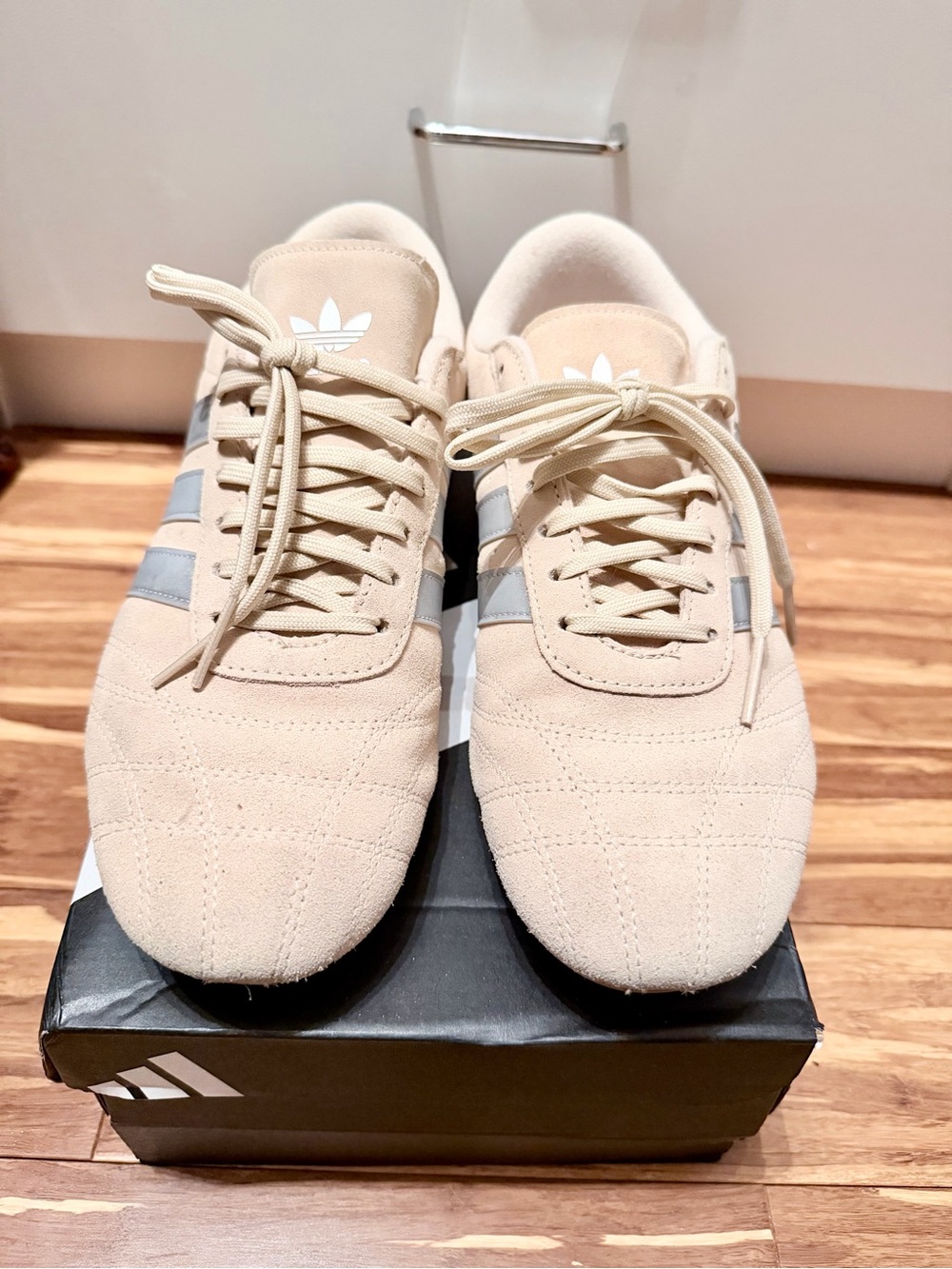 Adidas Beige Suede Taekwondo Sneakers with Gray Stripes